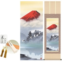 掛け軸 床の間 モダン 和風 赤富士飛翔 鈴村秀山 洛彩緞子本表装 約44.5 164cm 新絹本 10年間保証   収納箱 防虫香 風鎮 付き 1/15以降順次発送