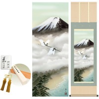 掛け軸 床の間 モダン 和風 富士飛翔 鈴村秀山 洛彩緞子本表装 約44.5 164cm 新絹本 10年間保証   収納箱 防虫香 風鎮 付き 1/15以降順次発送