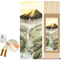 掛け軸 床の間 モダン 和風 富峰玉簾 伊藤渓山 洛彩緞子本表装 約44.5 164cm 新絹本 10年間保証   収納箱 防虫香 風鎮 付き 1/15以降順次発送