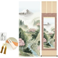 掛け軸 床の間 モダン 和風 来春富峰 中山雪邨 洛彩緞子本表装 約44.5 164cm 新絹本 10年間保証   収納箱 防虫香 風鎮 付き 1/15以降順次発送