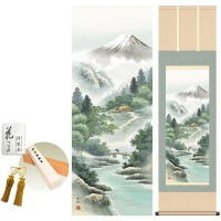 掛け軸 床の間 モダン 和風 涼風富峰 中山雪邨 洛彩緞子本表装 約44.5 164cm 新絹本 10年間保証   収納箱 防虫香 風鎮 付き 1/15以降順次発送