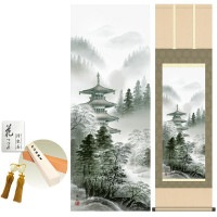 掛け軸 床の間 モダン 和風 水墨塔景 鈴村秀山 洛彩緞子本表装 約44.5 164cm 新絹本 10年間保証   収納箱 防虫香 風鎮 付き 1/15以降順次発送