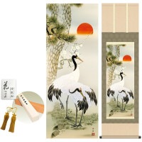 掛け軸 床の間 モダン 和風 松竹梅鶴亀 瀬田功舟 洛彩緞子本表装 約44.5 164cm 新絹本 10年間保証   収納箱 防虫香 風鎮 付き 1/15以降順次発送