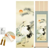 掛け軸 床の間 モダン 和風 松竹梅鶴亀 小野洋舟 洛彩緞子本表装 約44.5 164cm 新絹本 10年間保証   収納箱 防虫香 風鎮 付き 1/15以降順次発送
