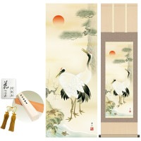 掛け軸 床の間 モダン 和風 松竹梅鶴亀 鈴村秀山 洛彩緞子本表装 約44.5 164cm 新絹本 10年間保証   収納箱 防虫香 風鎮 付き 1/15以降順次発送