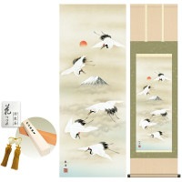 掛け軸 床の間 モダン 和風 富岳飛翔 長江桂舟 洛彩緞子本表装 約44.5 164cm 新絹本 10年間保証   収納箱 防虫香 風鎮 付き 1/15以降順次発送