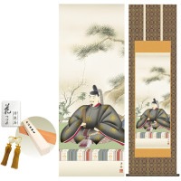 掛け軸 床の間 モダン 和風 天神 小野洋舟 金襴緞子本丸表装 約44.5 164cm 新絹本 10年間保証   収納箱 防虫香 風鎮 付き 1/15以降順次発送