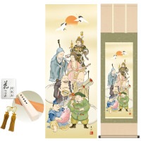 掛け軸 床の間 モダン 和風 七福神 緒方葉水 洛彩緞子本表装 約44.5 164cm 新絹本 10年間保証   収納箱 防虫香 風鎮 付き 1/15以降順次発送