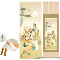 掛け軸 床の間 モダン 和風 七福神 鵜飼雄平 洛彩緞子本表装 約44.5 164cm 新絹本 10年間保証   収納箱 防虫香 風鎮 付き 1/15以降順次発送