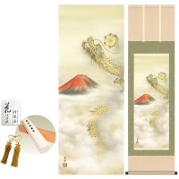 掛け軸 床の間 モダン 和風 赤富士昇龍図 石田芳園 洛彩緞子本表装 約44.5 164cm 新絹本 10年間保証   収納箱 防虫香 風鎮 付き 1/15以降順次発送