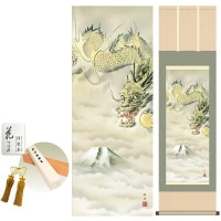 掛け軸 床の間 モダン 和風 龍神 長江桂舟 洛彩緞子本表装 約44.5 164cm 新絹本 10年間保証   収納箱 防虫香 風鎮 付き 1/15以降順次発送