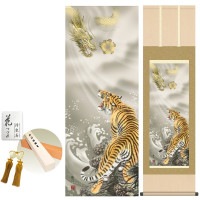 掛け軸 床の間 モダン 和風 龍虎 山村観峰 洛彩緞子本表装 約44.5 164cm 新絹本 10年間保証   収納箱 防虫香 風鎮 付き 1/15以降順次発送