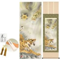 掛け軸 床の間 モダン 和風 龍虎 有馬荘園 洛彩緞子本表装 約44.5 164cm 新絹本 10年間保証   収納箱 防虫香 風鎮 付き 1/15以降順次発送