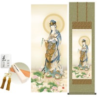 掛け軸 床の間 モダン 和風 蓮上観音 高畠周峰 洛彩緞子佛表装 約44.5 164cm 新絹本 10年間保証   収納箱 防虫香 風鎮 付き 1/15以降順次発送