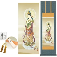 掛け軸 床の間 モダン 和風 雲上観音 小野洋舟 洛彩緞子佛表装 約44.5 164cm 新絹本 10年間保証   収納箱 防虫香 風鎮 付き 1/15以降順次発送