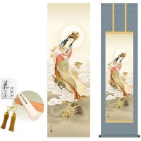 掛け軸 床の間 モダン 和風 龍上観音 長江桂舟 洛彩緞子丸表装 約44.5 164cm 新絹本 10年間保証   収納箱 防虫香 風鎮 付き 1/15以降順次発送