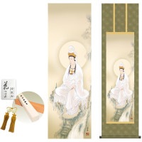 掛け軸 床の間 モダン 和風 岩上観音 大森宗華 洛彩緞子丸表装 約44.5 164cm 新絹本 10年間保証   収納箱 防虫香 風鎮 付き 1/15以降順次発送