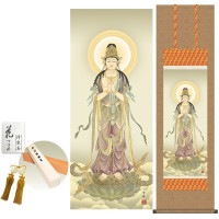 掛け軸 床の間 モダン 和風 聖観音 中山雪邨 洛彩緞子佛表装 約44.5 164cm 新絹本 10年間保証   収納箱 防虫香 風鎮 付き 1/15以降順次発送