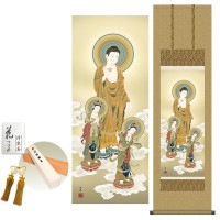 掛け軸 床の間 モダン 和風 弥陀三尊佛 高畠周峰 洛彩緞子佛表装 約44.5 164cm 新絹本 10年間保証   収納箱 防虫香 風鎮 付き 1/15以降順次発送