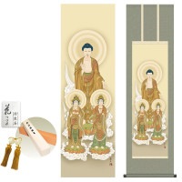 掛け軸 床の間 モダン 和風 弥陀三尊佛 高見蘭石 洛彩緞子丸表装 約44.5 164cm 新絹本 10年間保証   収納箱 防虫香 風鎮 付き 1/15以降順次発送