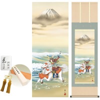 掛け軸 床の間 モダン 和風 白馬武者 榎本東山 洛彩緞子本表装 約44.5 164cm 新絹本 10年間保証   収納箱 防虫香 風鎮 付き 1/15以降順次発送