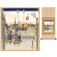 掛け軸 床の間 モダン 和風 色紙 色紙掛 セット 日本橋 朝之景 歌川広重 八坂緞子色紙掛 幅31 高さ約75cm 手彩特色 工芸色紙 和小物 現代作家作品 1/15以降順次発送