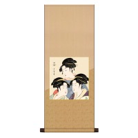 掛け軸 床の間 モダン 和風 色紙 色紙掛 セット 浮世絵 八坂緞子 寛政の三美人 喜多川歌麿 サイズ幅31cm 高さ80cm 表装洛彩緞子 綿支那パー 手彩特色工芸色紙付き 1/15以降順次発送