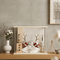 五月人形  選べる6種 7号武将兜 ケース飾り 白 パステル 弓太刀付き 横幅35.5cm