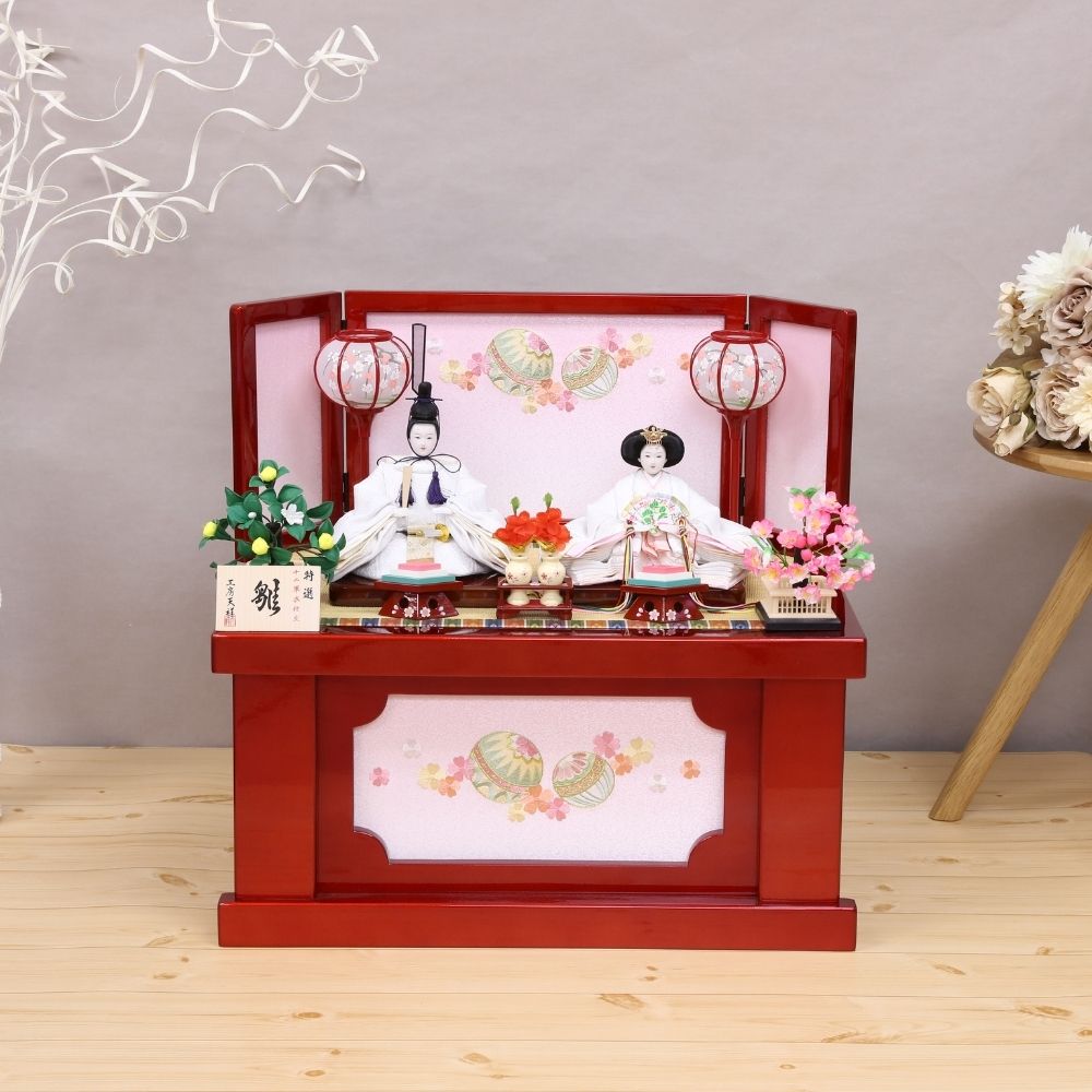 雛人形 ひな人形 コンパクト 親王飾り 収納飾り 芥子親王 宴桜 赤 白 収納タイプ おしゃれ かわいい インテリア 横幅55cm 初節句 お祝い 桃の節句 ひな祭り