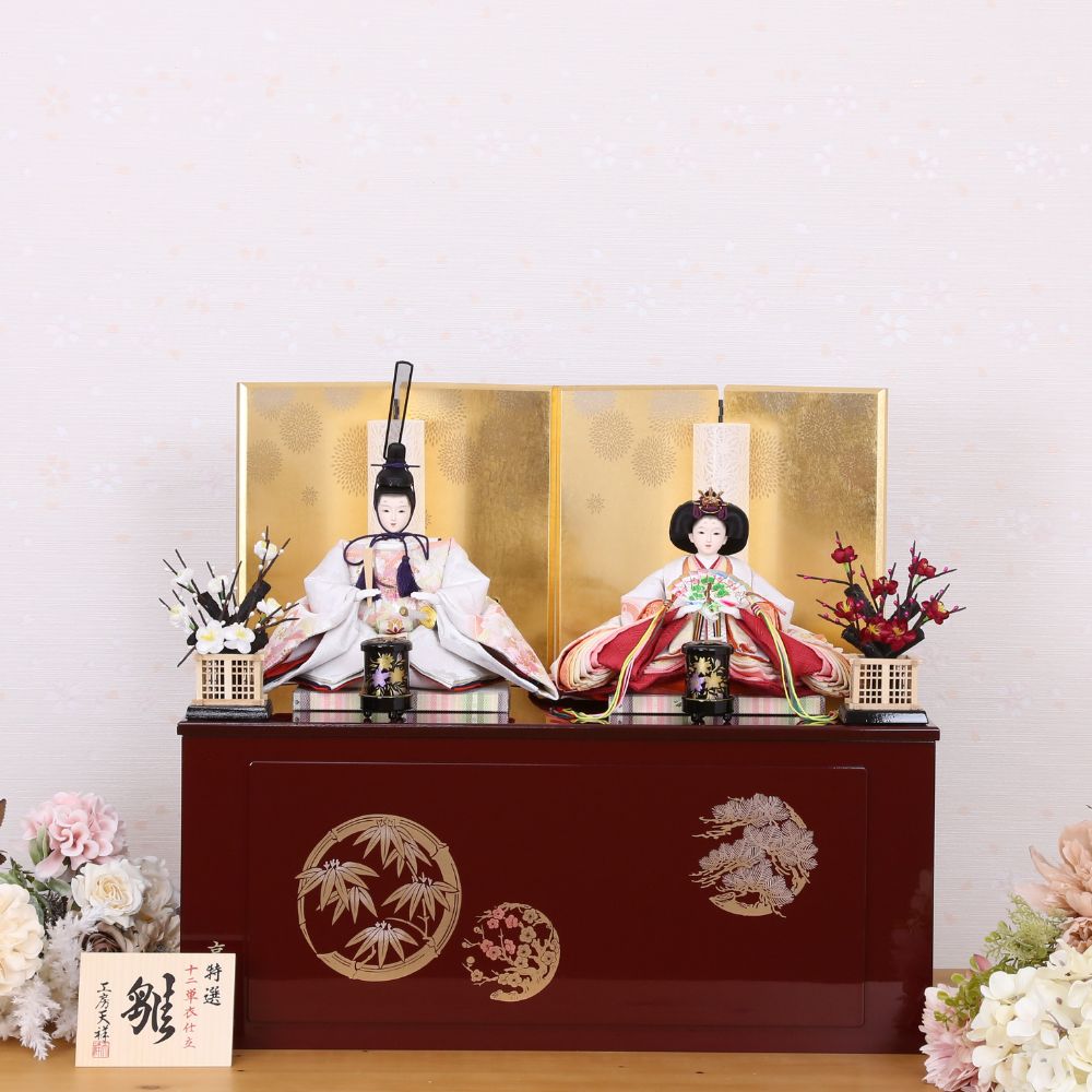 雛人形 ひな人形 収納飾り 親王飾り 小三五親王 金彩 刺繍雛 高級雛人形 おしゃれ モダン インテリア 収納タイプ コンパクト 白 横幅55cm 工房天祥オリジナル 宮びやかシリーズ 初節句 お祝い ひな祭り