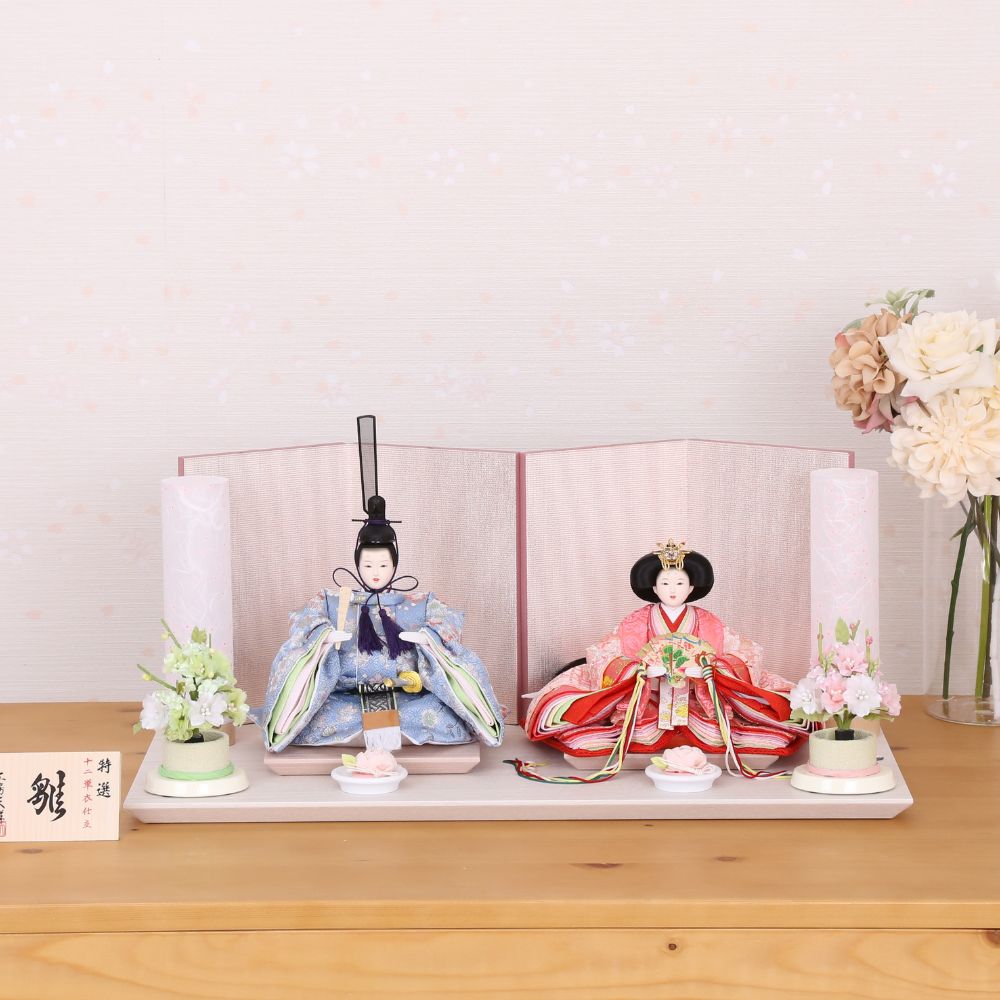 雛人形 ひな人形 芥子親王飾り おしゃれ モダン インテリア ピンク 水色 二曲一双屏風 横幅60cm 宴桜 初節句 女の子 お祝い 桃の節句 ひな祭り