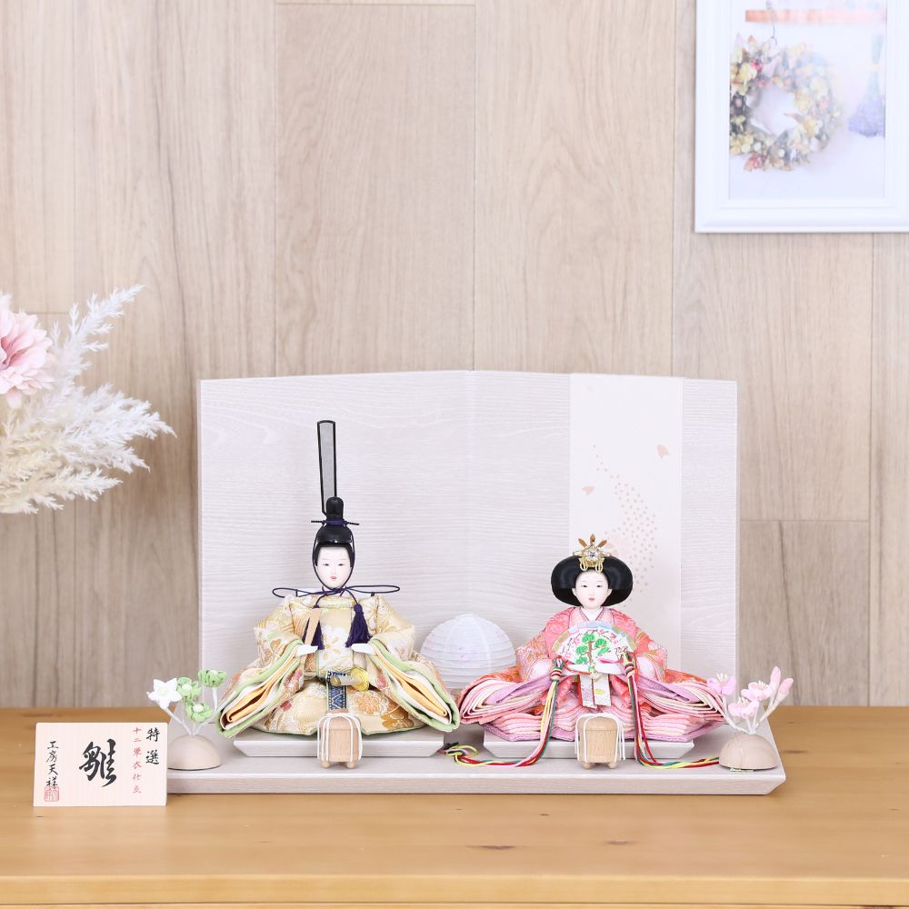 雛人形 コンパクト ひな人形 親王飾り 小芥子親王 和紙屏風 かわいい おしゃれ モダン インテリア ひな人形 小さい 横幅42cm  グレージュ モカ ベージュ ゴールド ピンク 紫 お祝い 初節句 ひな祭り 桃の節句 灯りシリーズ