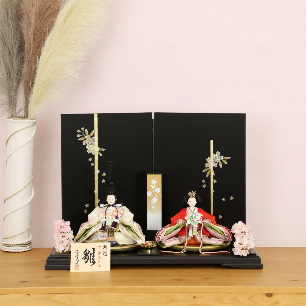 雛人形 ひな人形 うるはし雛 小三五親王 親王飾り おしゃれ モダン インテリア 金手描き桜屏風 黒 赤 白 初節句 女の子 お祝い 桃の節句 ひな祭り
