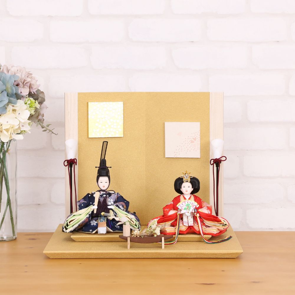 雛人形 コンパクト ひな人形 親王飾り 柳親王 かわいい ひな人形 小さい 横幅35cm  金 赤 紺 金屏風 お祝い 初節句 ひな祭り 桃の節句 ティピシリーズ