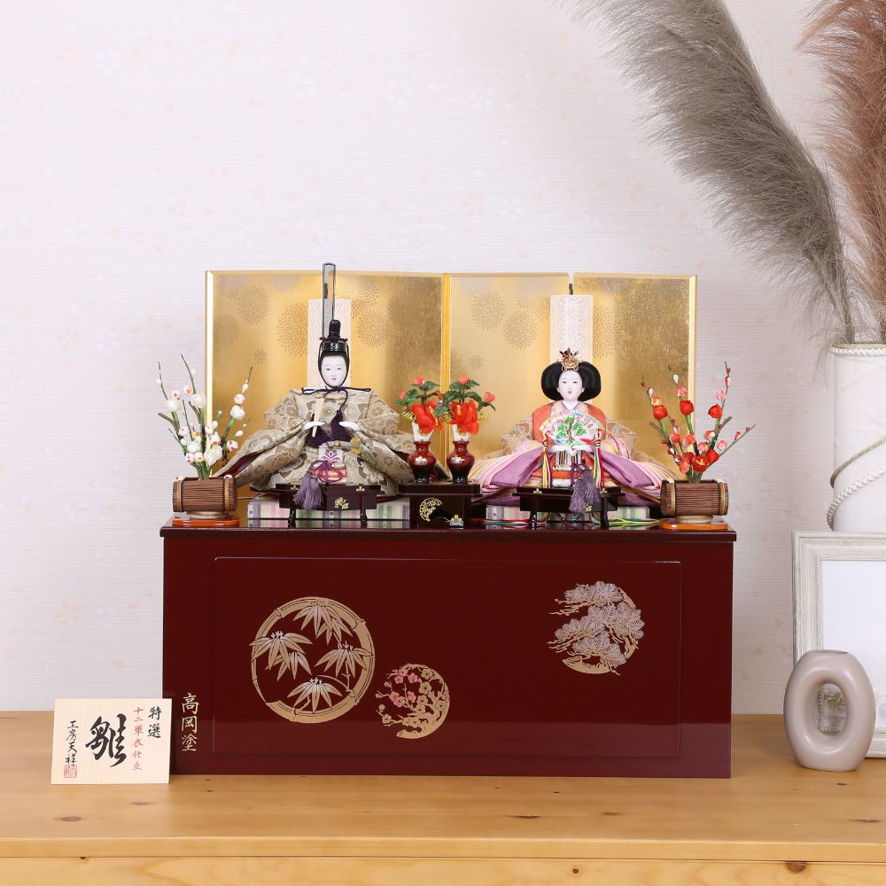 雛人形 収納飾り 新古今雛 小三五親王飾り 京都西陣織正絹帯 金屏風 横幅55.5cm