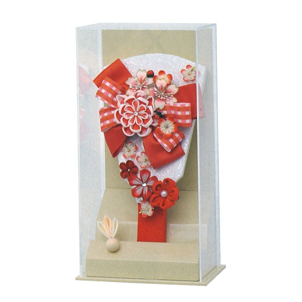 羽子板 宝童作 アクリルケース 羽子板飾り あやか (オフホワイト) 7号 リボンカンザシ赤