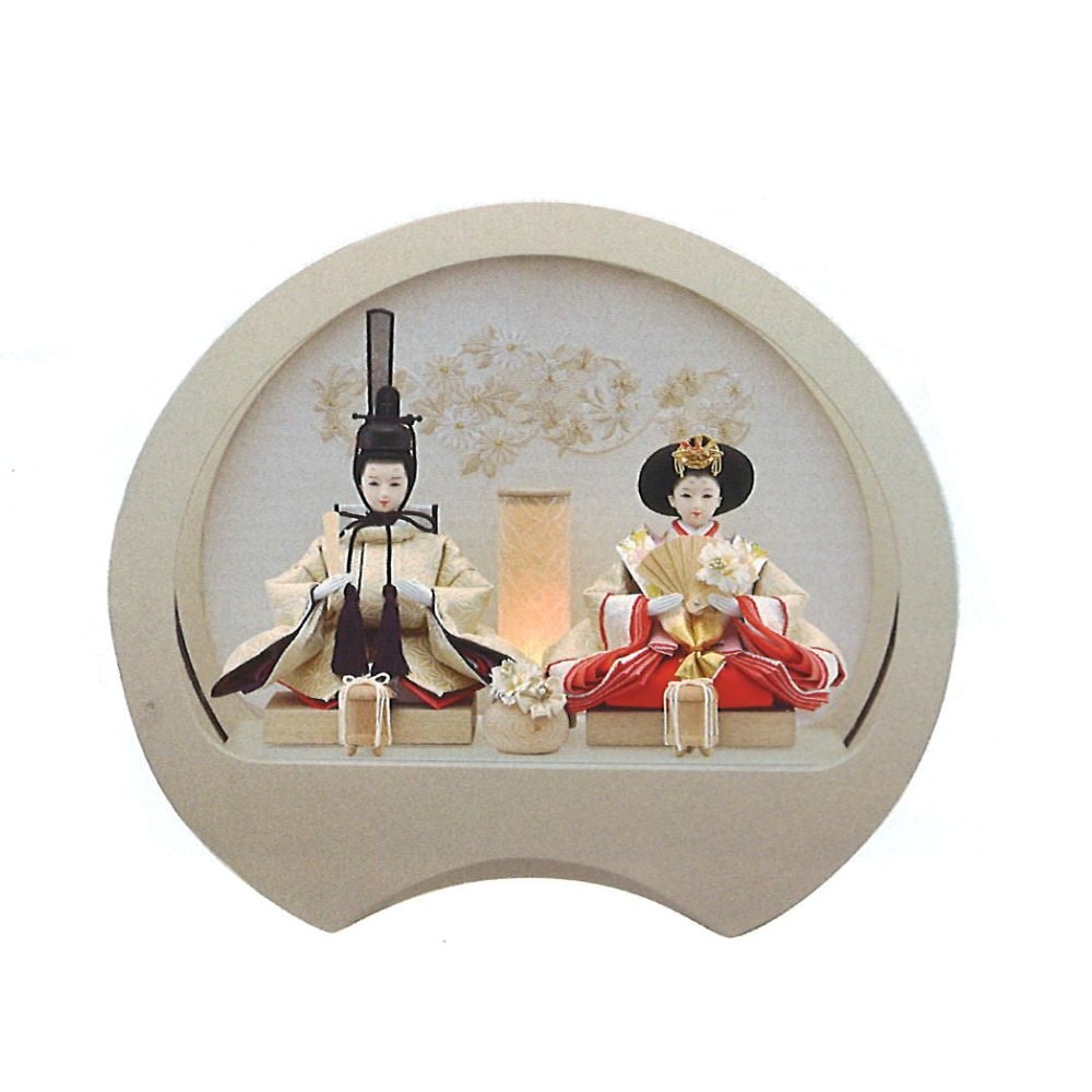 雛人形 ひな人形 宝童作 親王飾り 円型 ケース飾り 照明付き奏 オフホワイト 刺繍デザイン