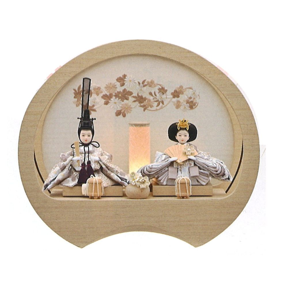 雛人形 ひな人形 宝童作 親王飾り 円型 ケース飾り 照明付き奏 ナチュラル 刺繍デザイン