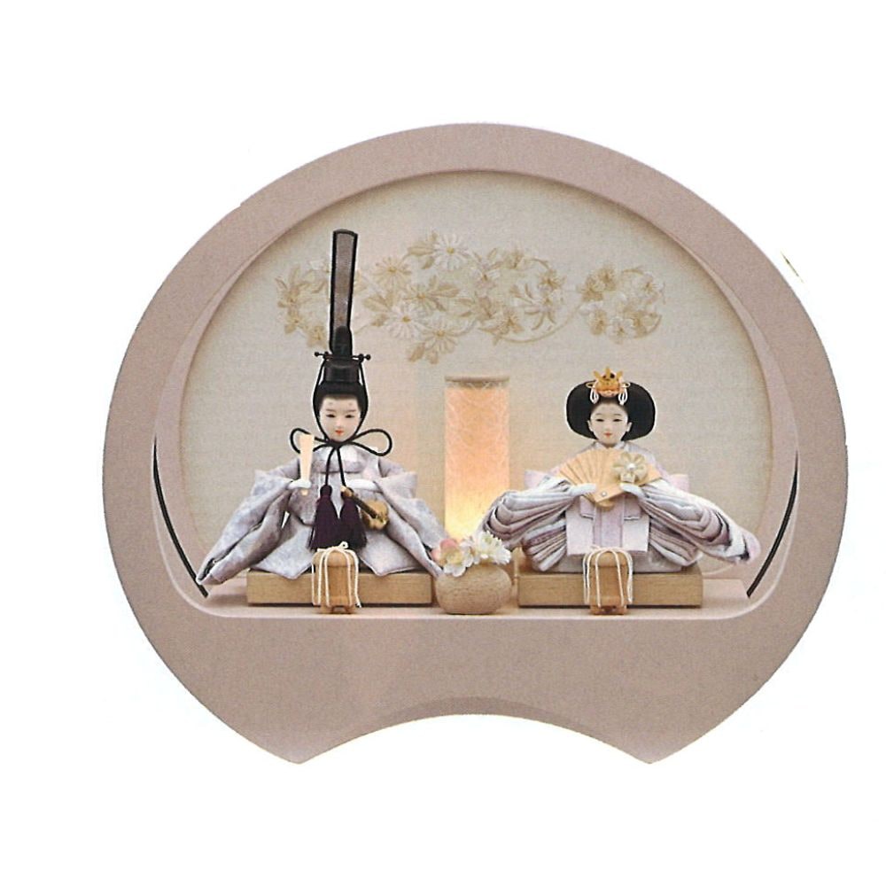 雛人形 ひな人形 宝童作 親王飾り 円型 ケース飾り 照明付き奏 オフホワイト 刺繍デザイン