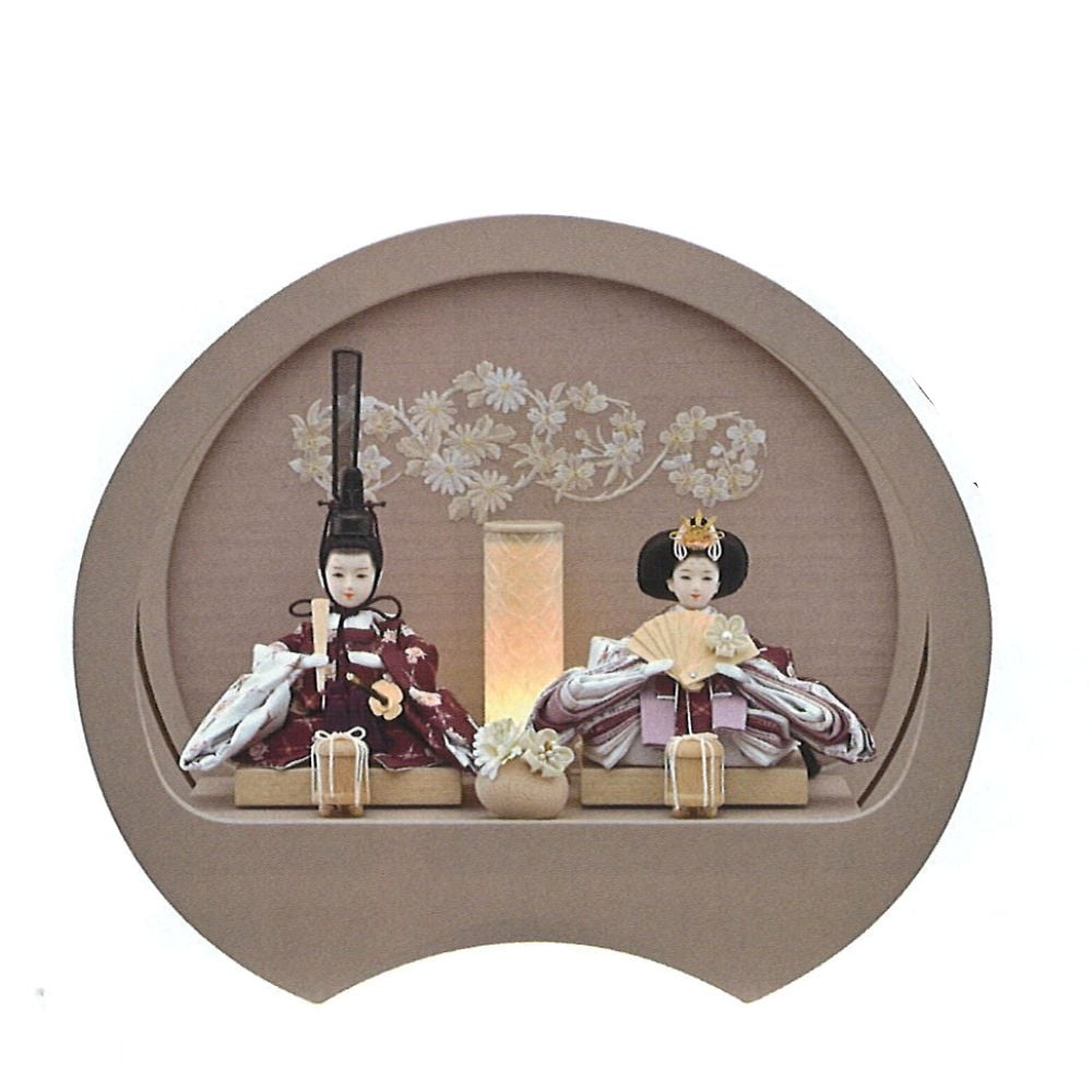 雛人形 ひな人形 宝童作 親王飾り 円型 ケース飾り 照明付き奏 グレージュ 刺繍デザイン