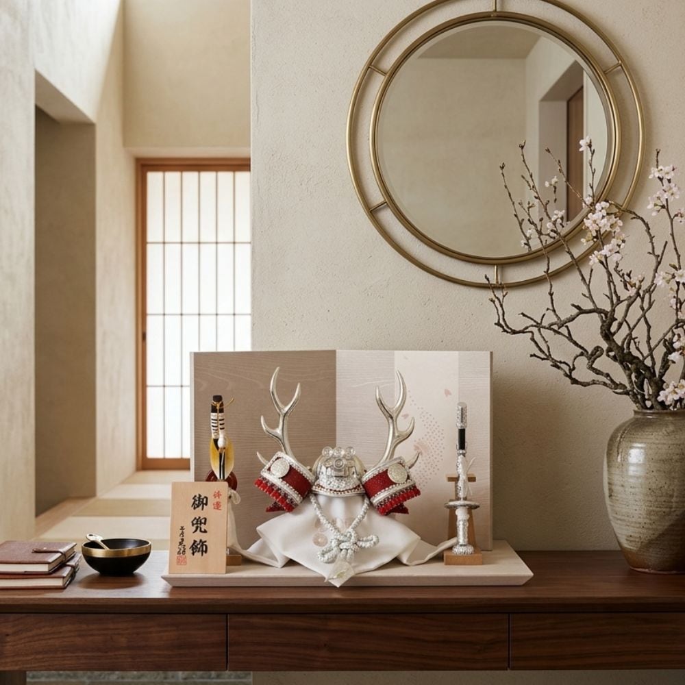 五月人形 兜飾り 武将兜 人気の武将 真田幸村 シルバー 赤 ゴールド モカベージュ コンパクト 横幅42cm 二曲和紙屏風 おしゃれ モダン インテリア 初節句 お祝い 男の子 端午の節句 こどもの日