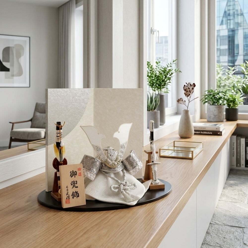 五月人形 兜 兜飾り コンパクト 人気 兜 7号兜 横幅40cm おしゃれ モダン インテリア かっこいい シルバー 銀 白 初節句 お祝い 男の子 端午の節句 こどもの日