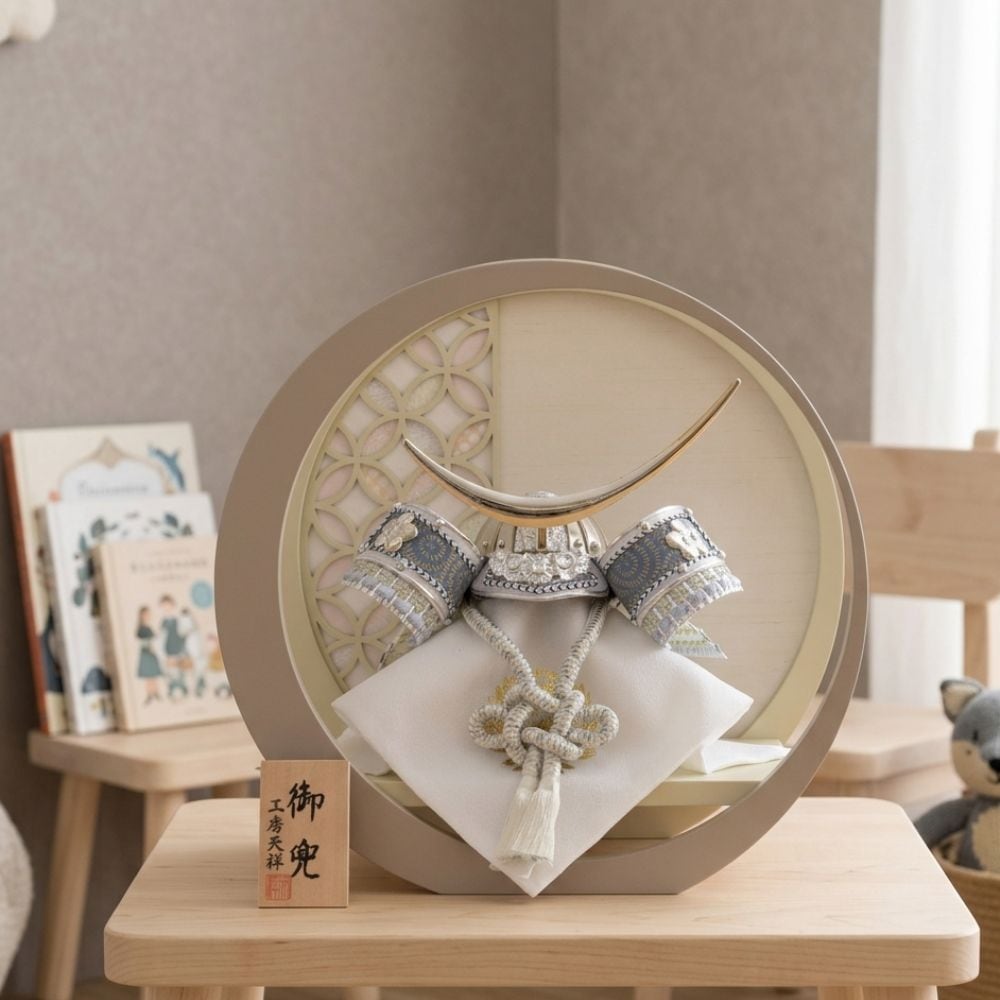 五月人形 兜飾り 武将兜 人気の武将 伊達政宗 水色 白 シルバー グレー ベージュ コンパクト 7号兜 横幅30cm 月型 月形 北欧風 おしゃれ モダン インテリア 初節句 お祝い 男の子 端午の節句 こどもの日