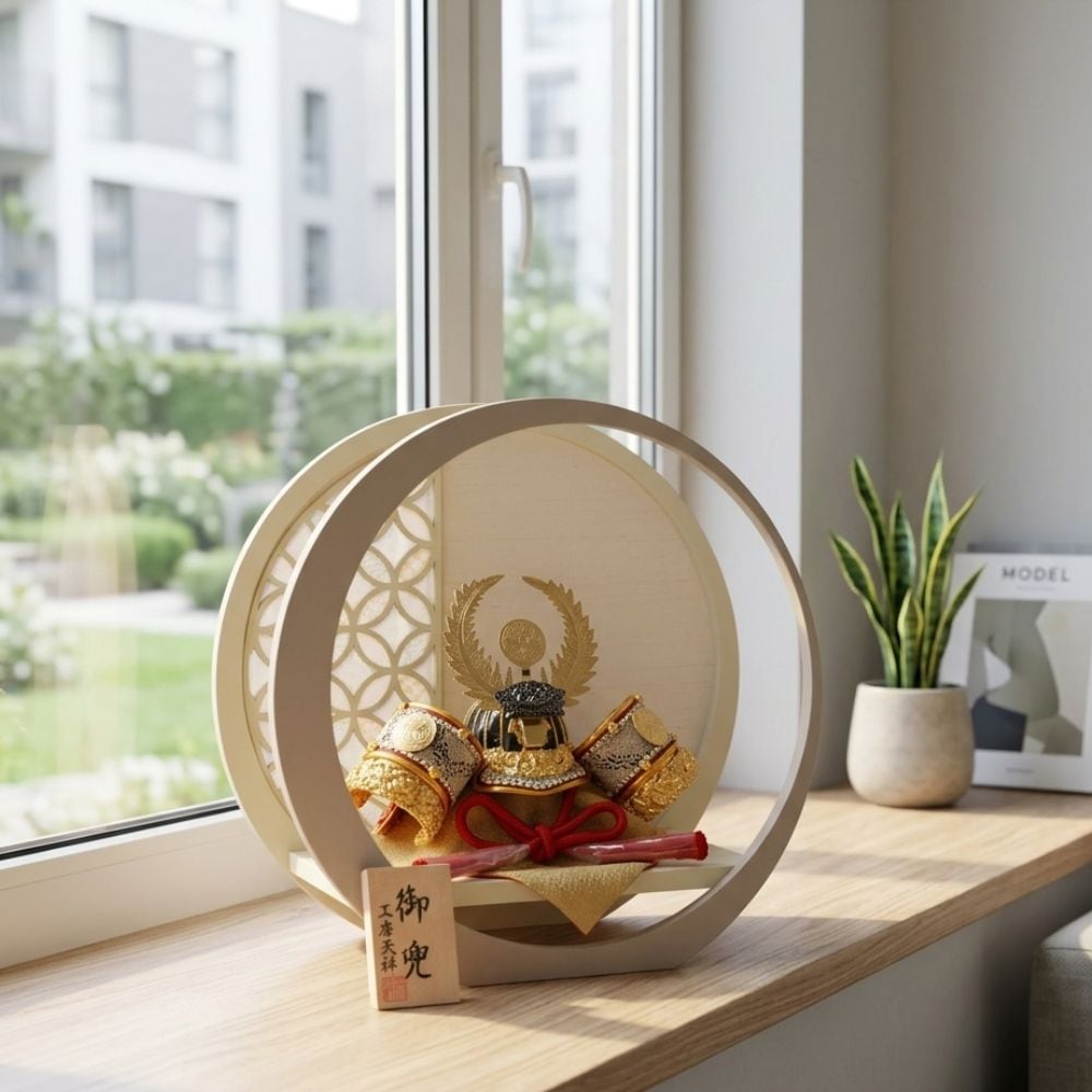 五月人形 兜飾り 武将兜 人気の武将 徳川家康 赤 金 ゴールド グレー ベージュ コンパクト 5号兜 横幅30cm 月型 月形 北欧風 おしゃれ モダン インテリア 初節句 お祝い 男の子 端午の節句 こどもの日