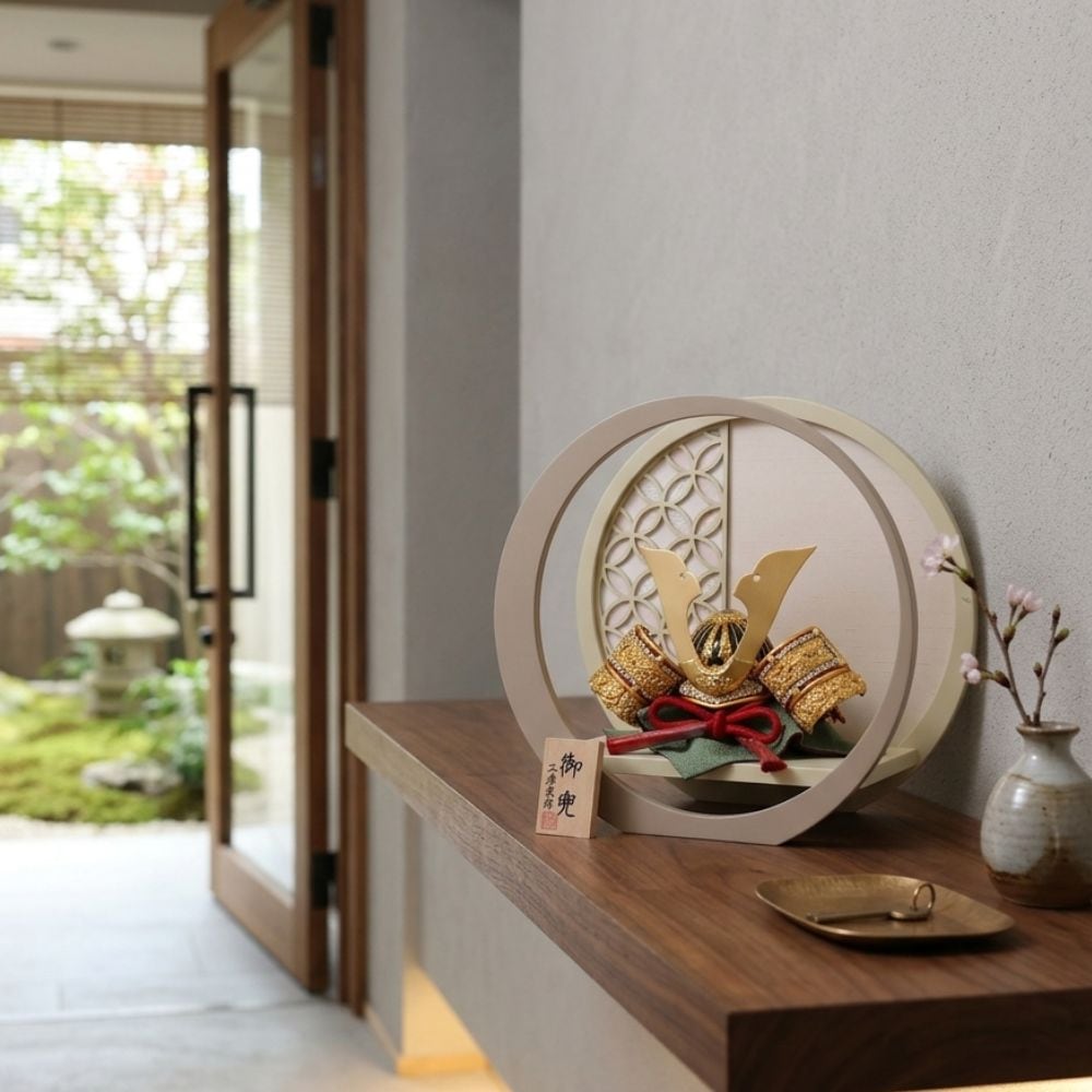 五月人形 兜飾り 人気の兜 赤 金 ゴールド グレー ベージュ コンパクト 5号兜 横幅30cm 月型 月形 北欧風 おしゃれ モダン インテリア 初節句 お祝い 男の子 端午の節句 こどもの日