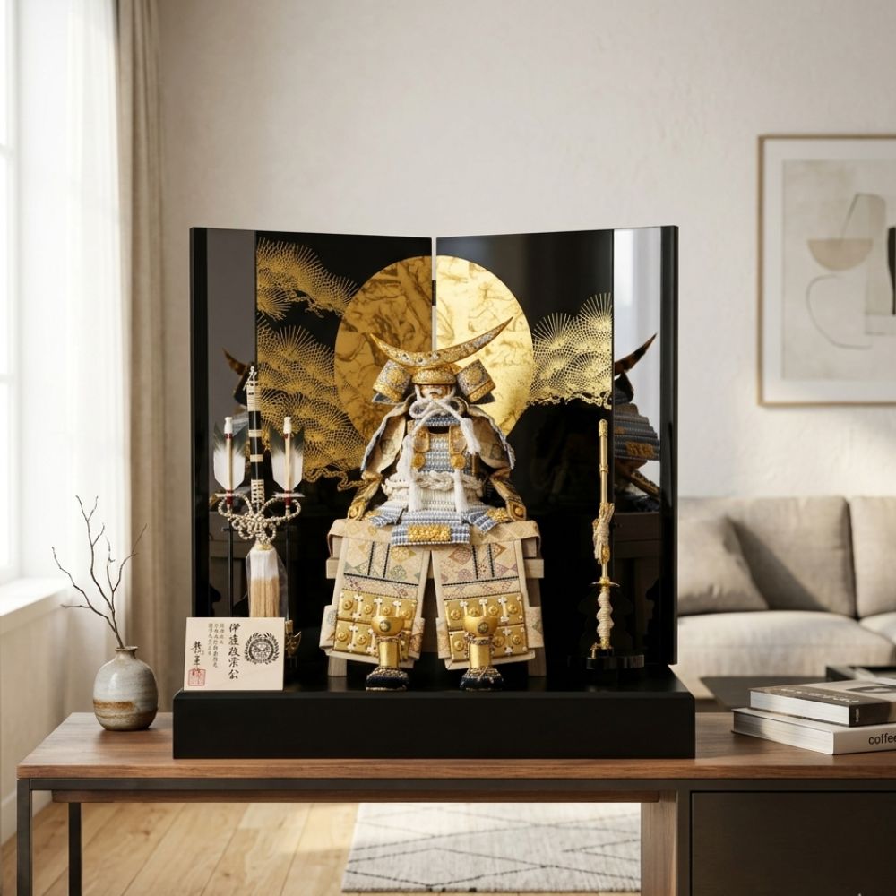 五月人形 鎧 鎧飾り 武将兜 伊達政宗 横幅65cm 5号鎧 伊達政宗の鎧 おしゃれ かっこいい モダン インテリア 北欧風  水色 パステルカラー ゴールド 黒 男の子 初節句 お祝い 端午の節句 こどもの日