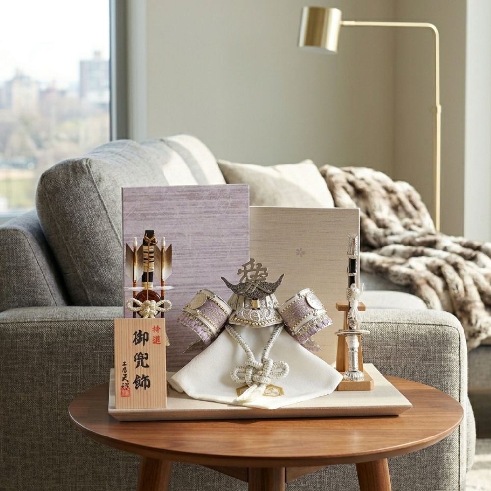 五月人形 兜 兜飾り コンパクト 人気の武将 直江兼続の兜 7号兜 横幅38cm おしゃれ モダン インテリア 北欧風 シルバー 銀 白 紫 因州和紙屏風 初節句 お祝い 男の子 端午の節句 こどもの日