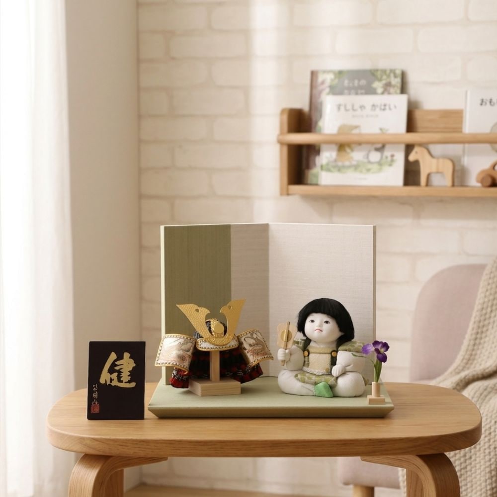 五月人形 木目込み人形 工房天祥 健 オリジナル ミニ健ちゃん 中鍬兜付き おしゃれ インテリア モダン 武者人形 子供大将