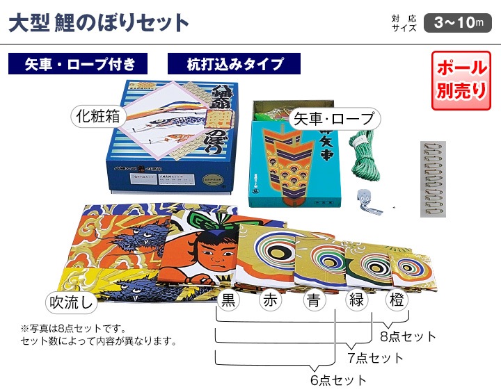 鯉のぼり 庭園用 村上 黄金金箔押 五色吹流し ポール別売 8点 黒