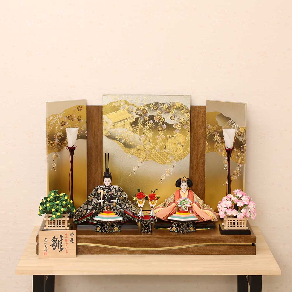 ●新品おひなさま●　金襴衣装飾り　落とし屏風スタイル　フルセット 雛人形 うるはし雛 親王飾り 小三五親王 華紋様金屏風 横幅60cm